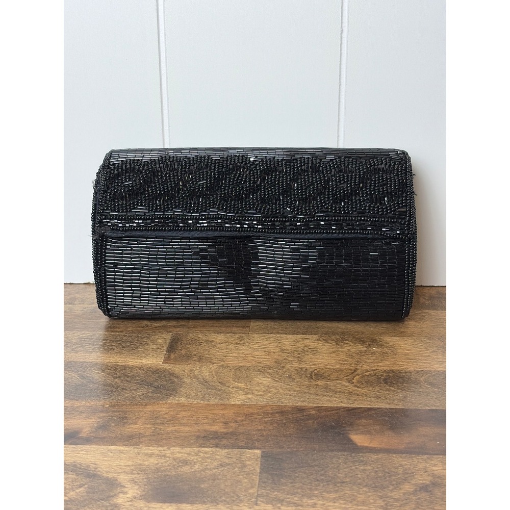 DeLill Vintage Black Beaded Clutch Evening Bag Hand Made Bugle Seed Beads